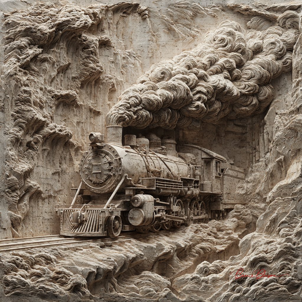 风化石灰岩上的蒸汽机车雕刻