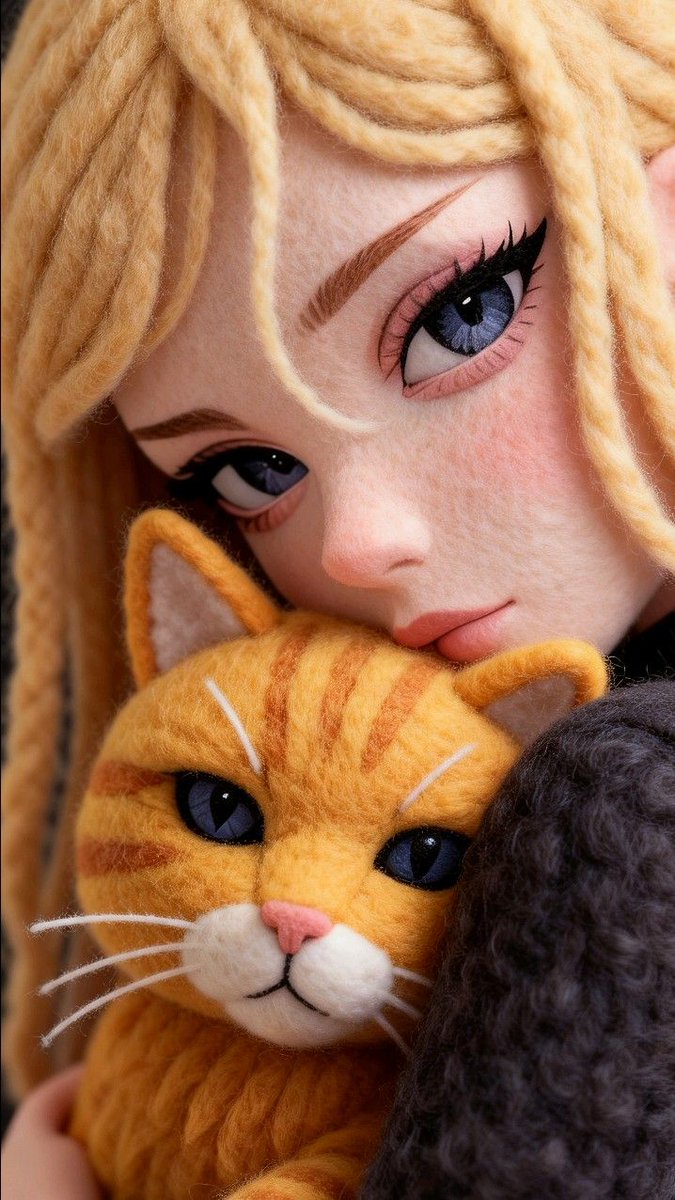 手工羊毛玩偶女孩紧抱小橙色羊毛猫的特写肖像