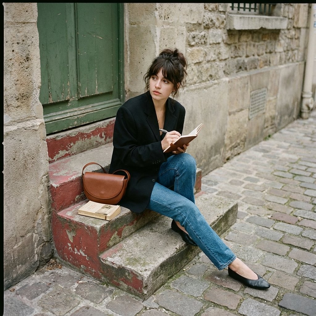 静谧欧洲老街上的年轻女性