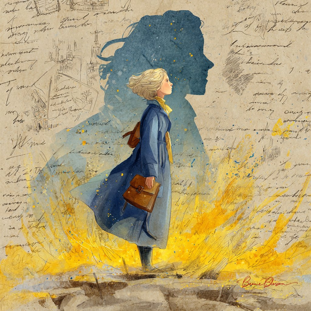 年轻金发女性在水彩画作中