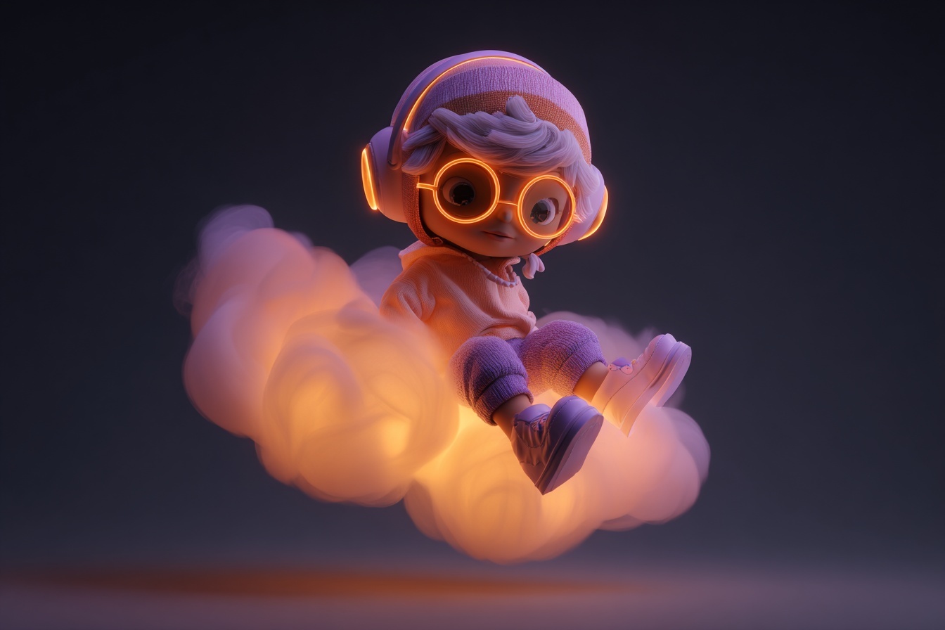 3D卡通风格渲染的[主题]，软质亚光透明身体，[颜色1]和发光[颜色2]点缀