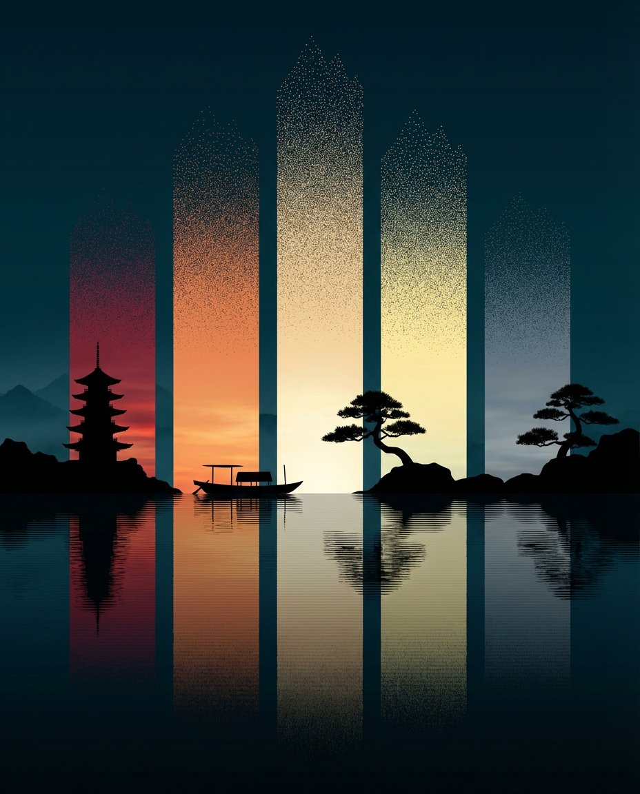 抽象数字绘画，东方禅意风景，时间切片概念艺术