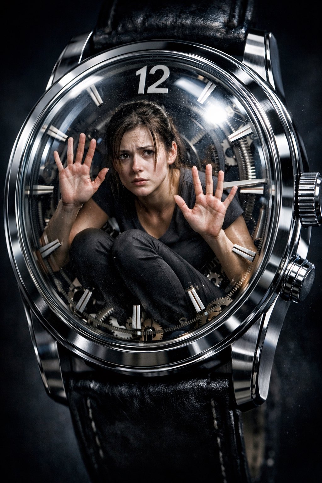 被困于奢华手表中的焦虑年轻女性肖像