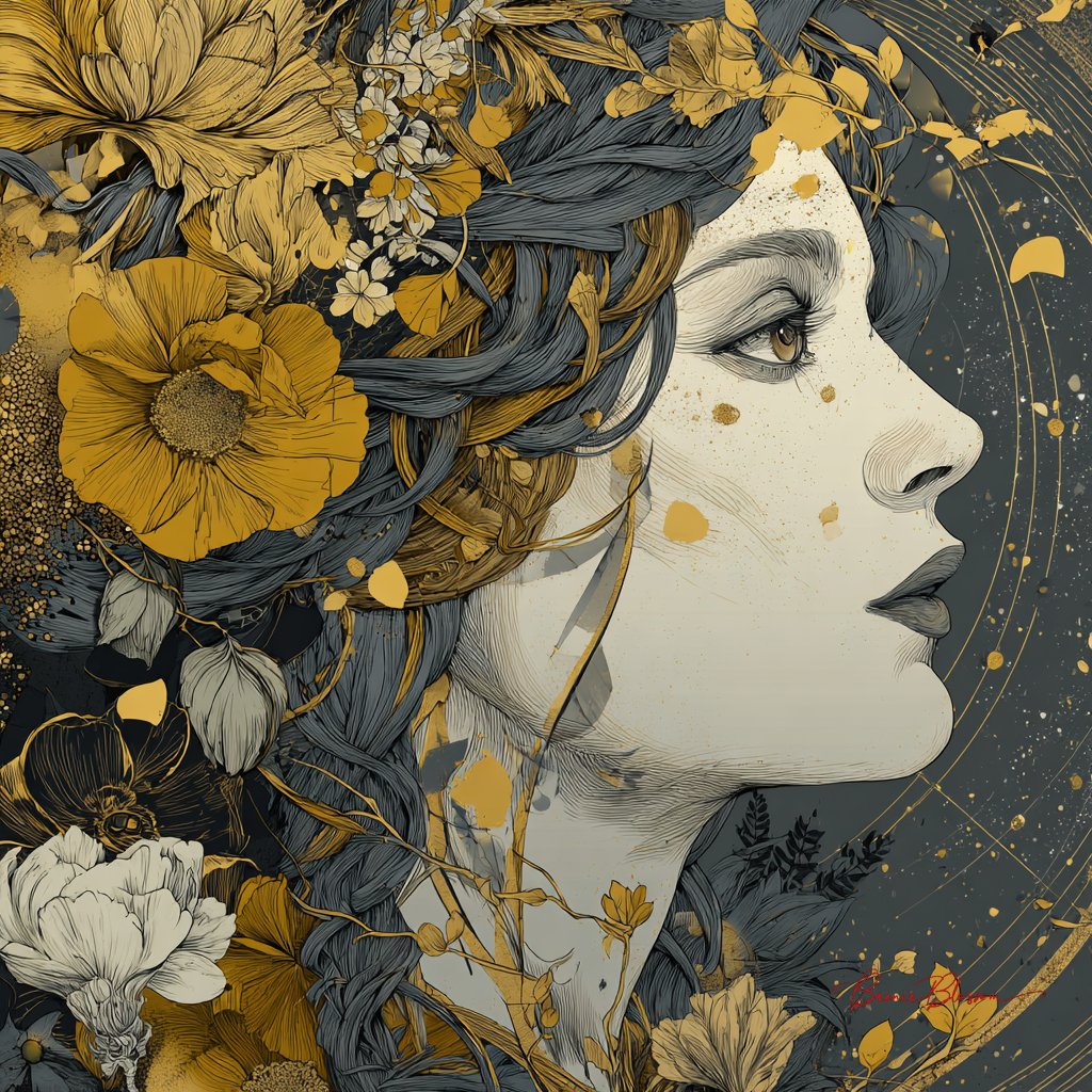 莫奈风格的花朵环绕下的优雅女性插画