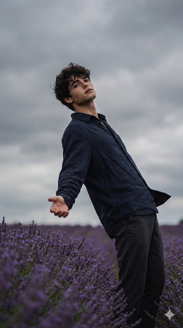 Google Gemini Nano Banana Pro - 阴郁天气下田野中年轻人的摄影