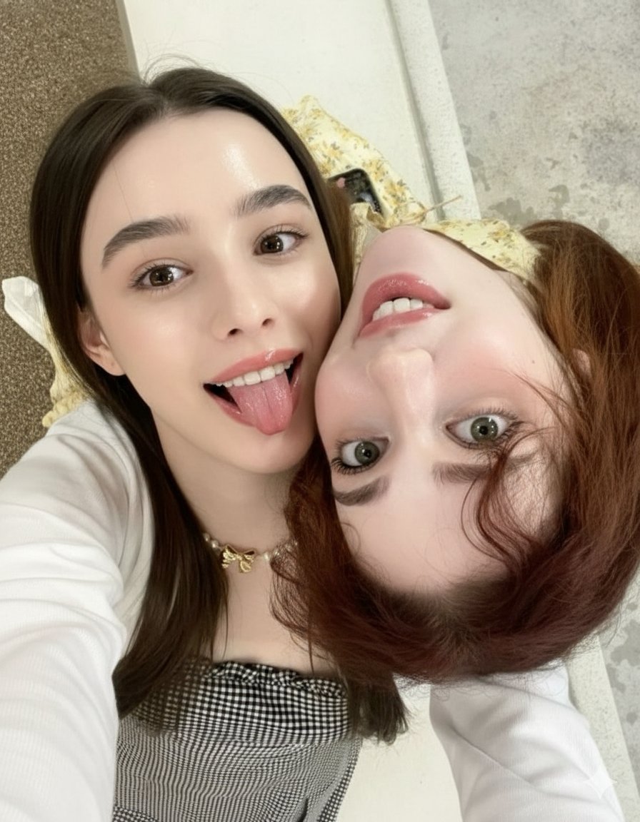 室内自拍，两位年轻女孩的有趣瞬间