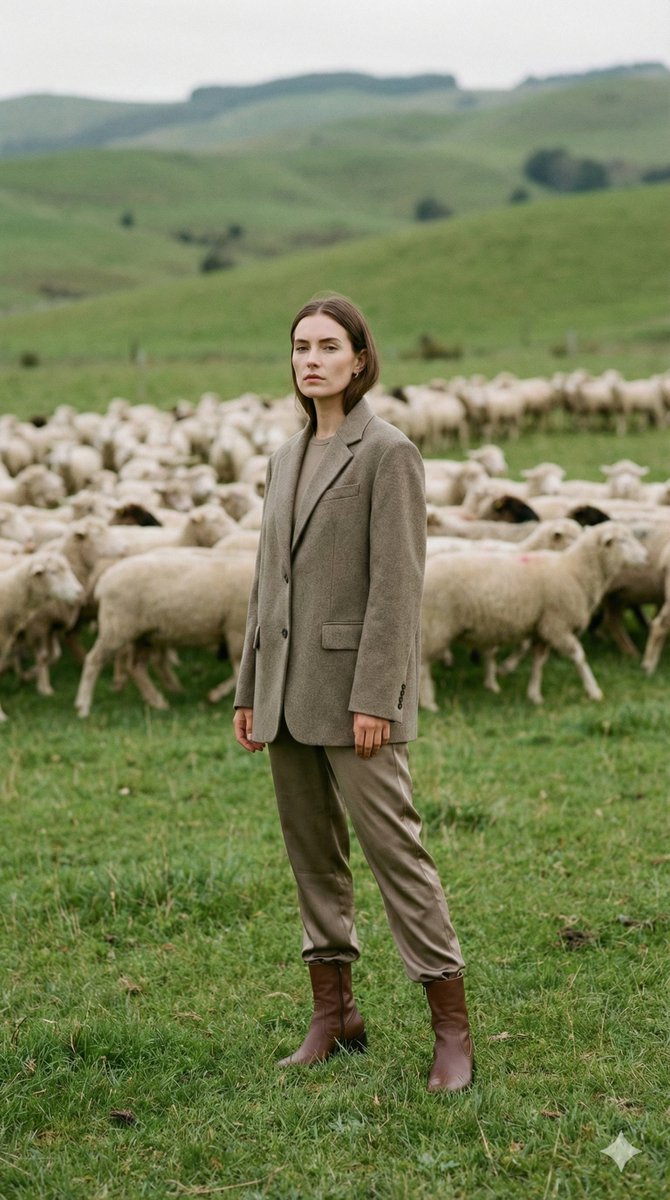 现代时尚女性独立于开阔牧场的摄影