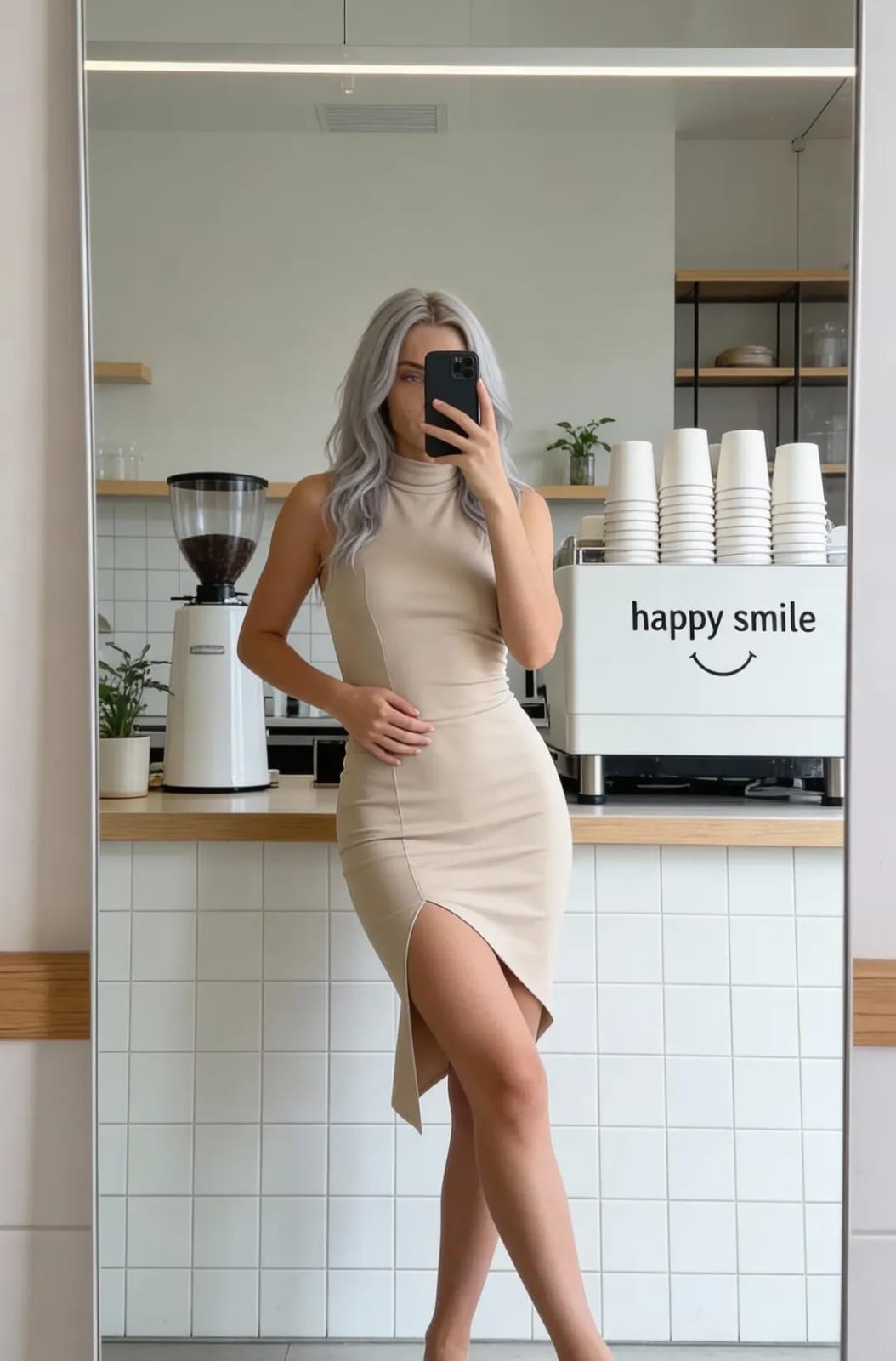 现代简约咖啡馆中年轻女性的全身镜自拍肖像