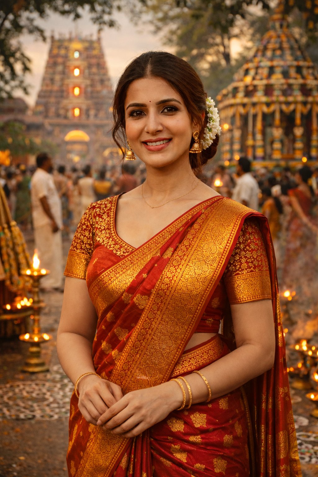 泰米尔纳德寺庙庭院中的美丽女性