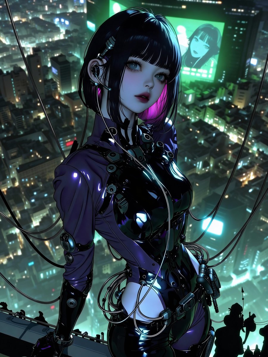 Cyberpunk女子從建築頂樓俯瞰澀谷十字路口