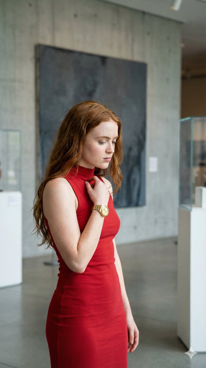 现代艺术画廊中的时尚女性