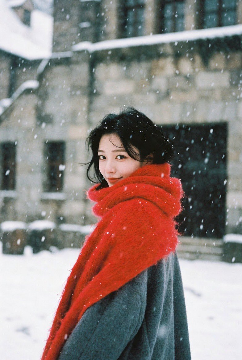 Grok人像摄影进化，中国女偶像雪地欢乐瞬间