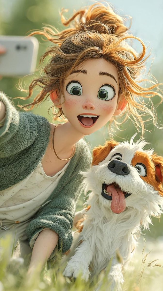愉快的动画女孩和她的毛茸茸狗狗户外自拍