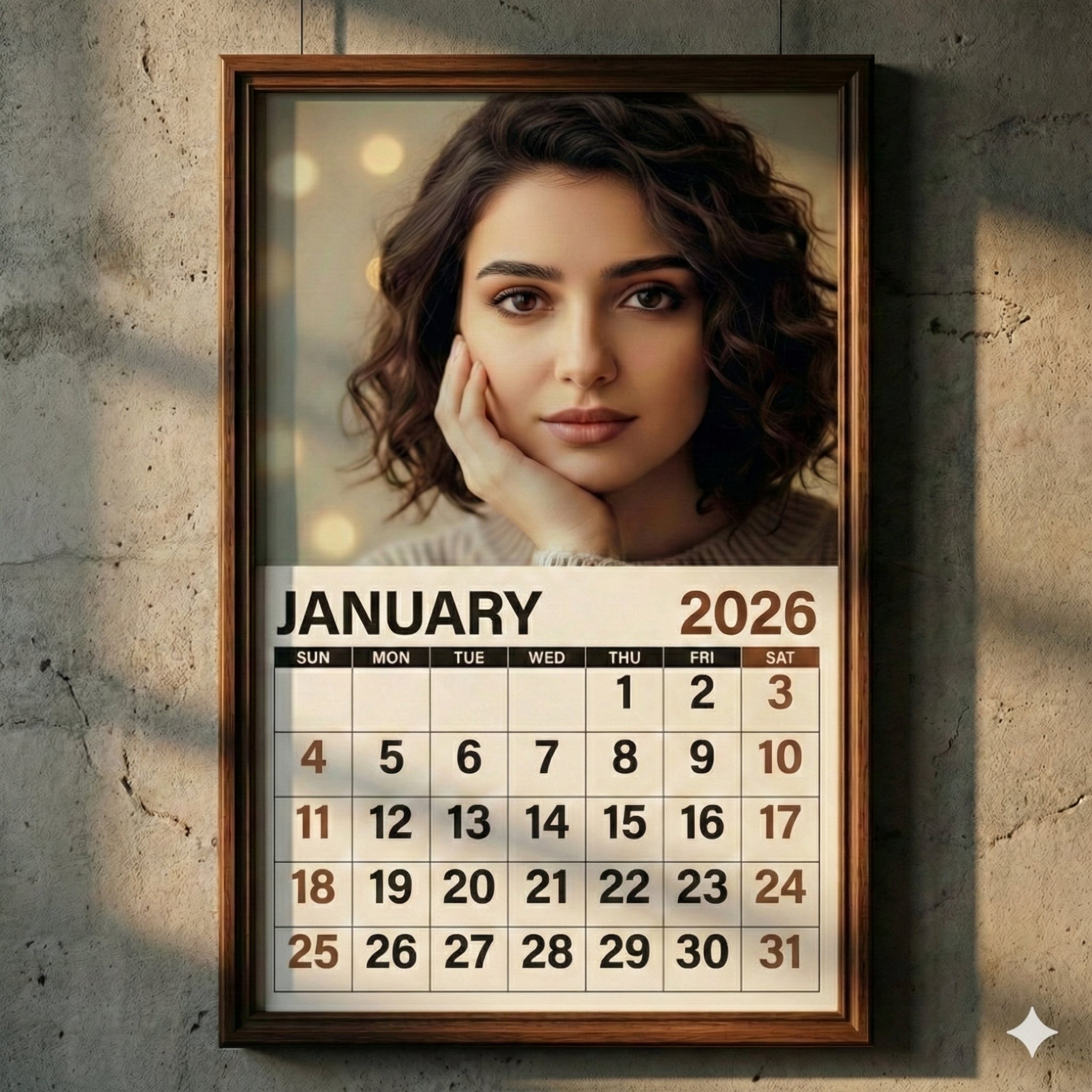 真实纹理混凝土墙上挂着的木质框架日历