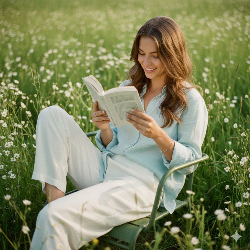 户外绿草地上金属椅上的年轻女性软电影肖像