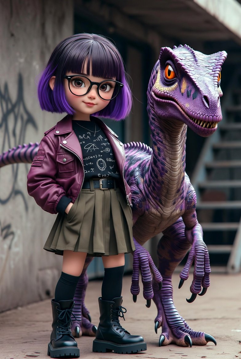 时尚3D电影插画：自信的年轻女孩与紫色的迅猛龙