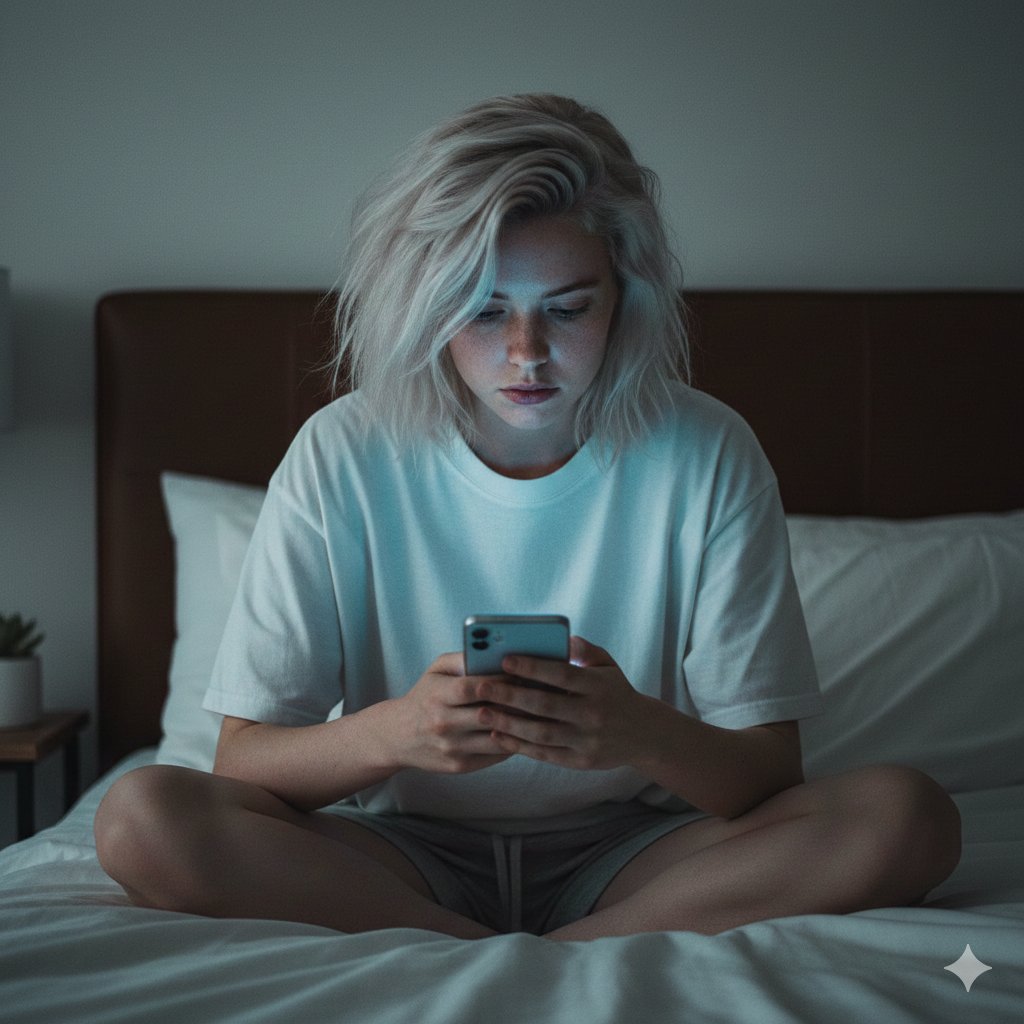 Young Woman with Smartphone in Modern Bedroom