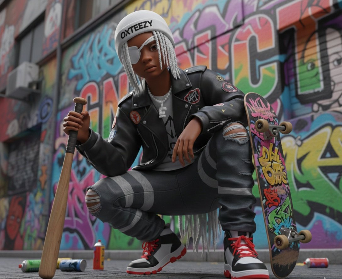 街头滑板女孩的3D低角度肖像