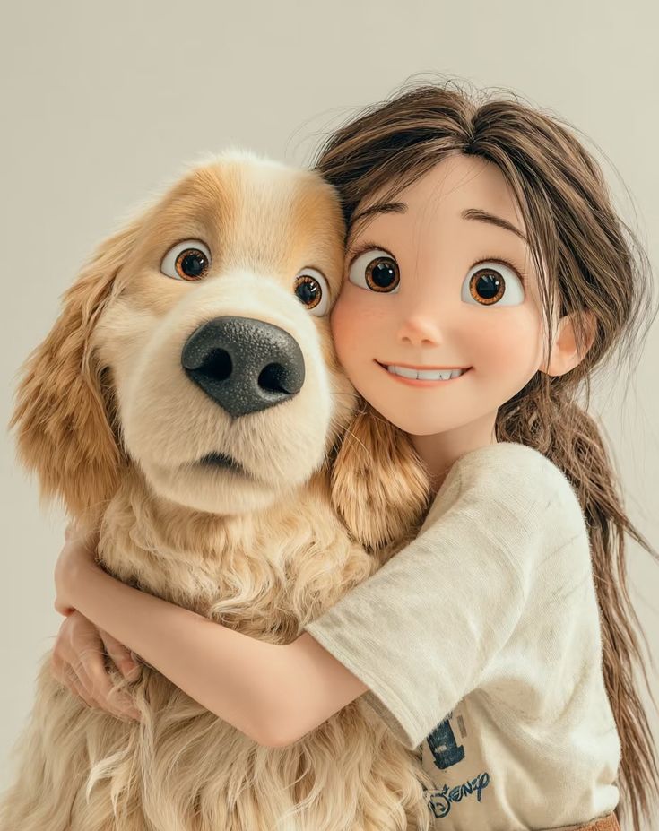 可爱小女孩与金毛拥抱的皮克斯风格肖像