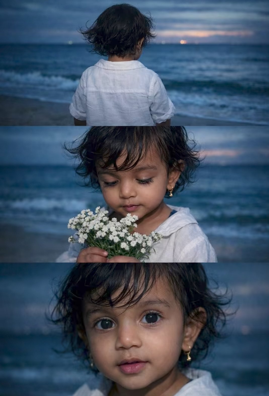 静谧海滩蓝色时刻的亲子照