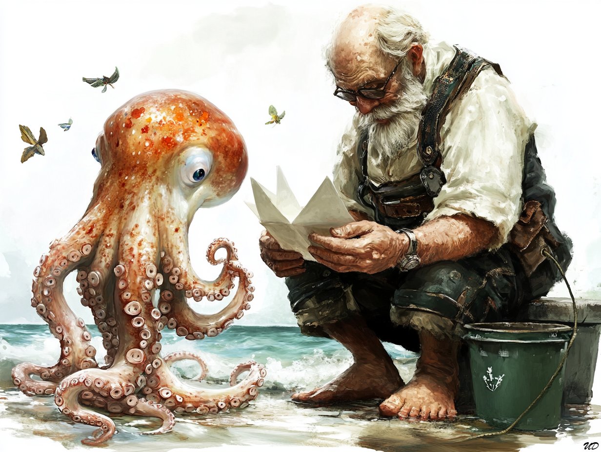 海边老渔夫与好奇章鱼的纸船故事