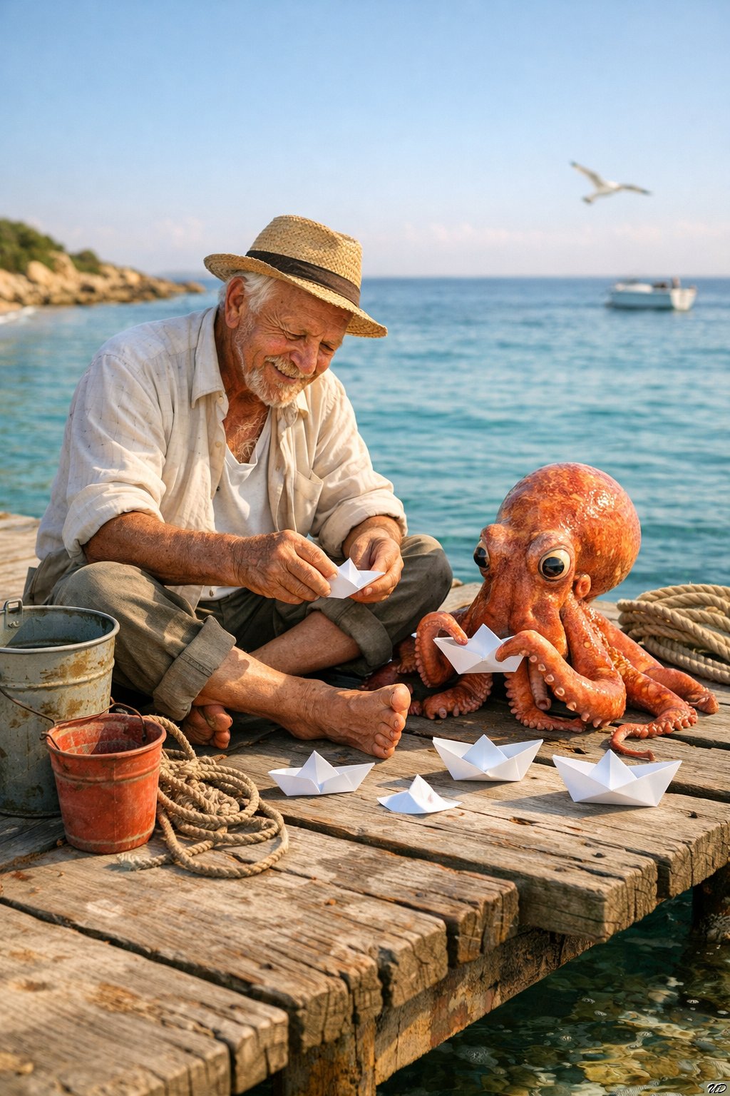 海边码头，老渔夫与好奇章鱼的折纸船教学