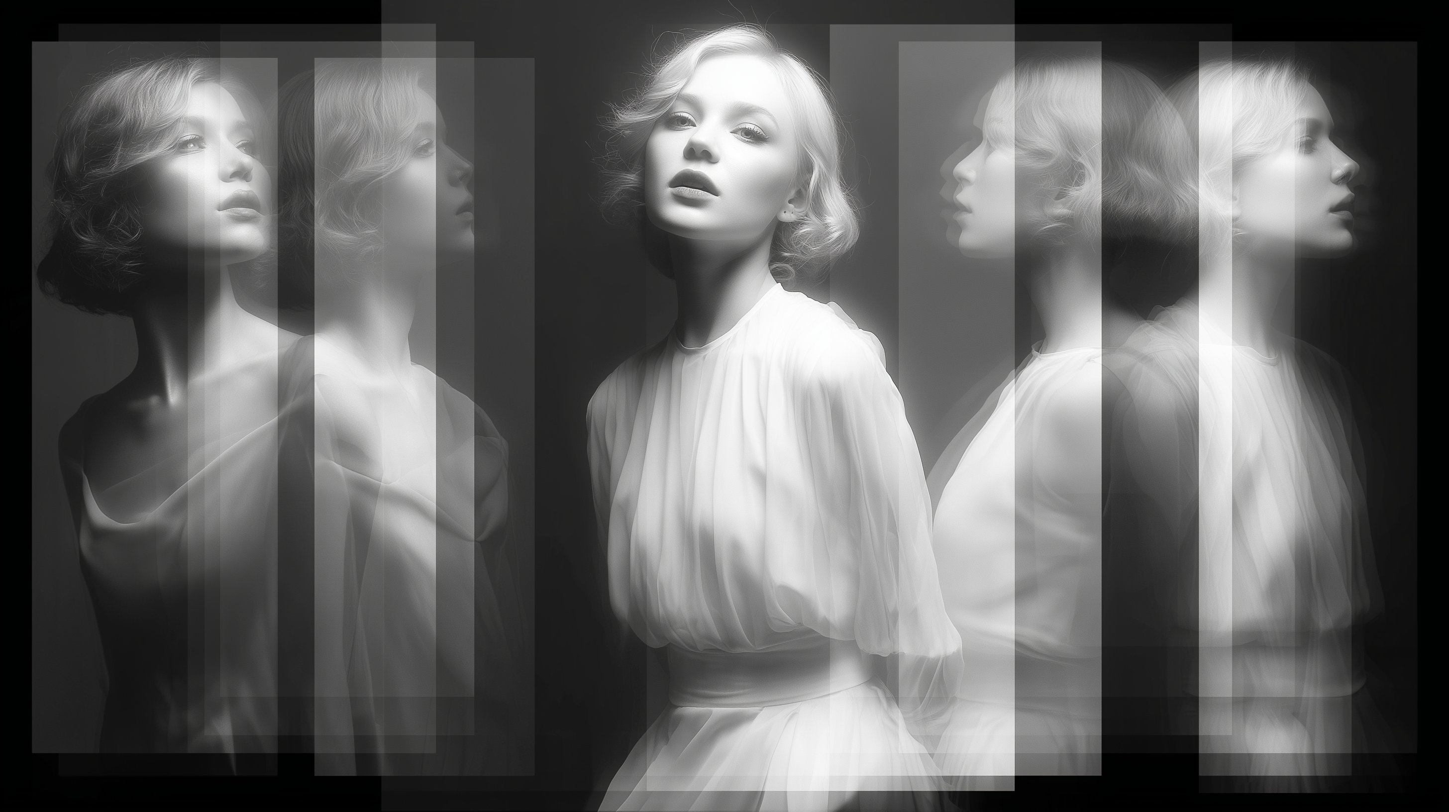 多层时间流逝摄影，黑白电影风格，白化女性模特