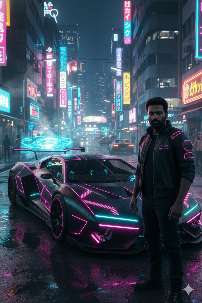 夜幕东京街头飞驰的流线型赛博朋克跑车