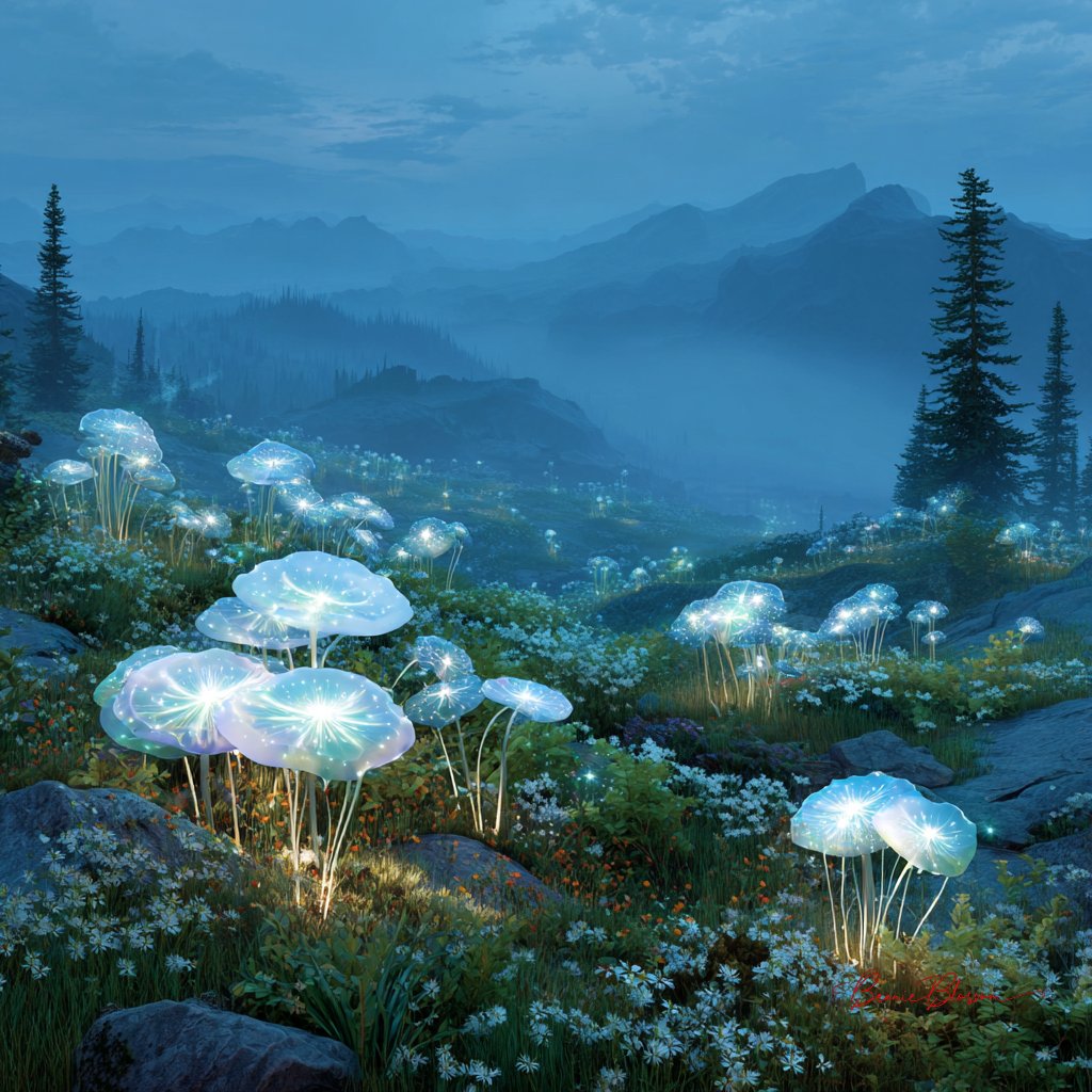 雾气弥漫的阿尔卑斯山草地上的发光蘑菇网络