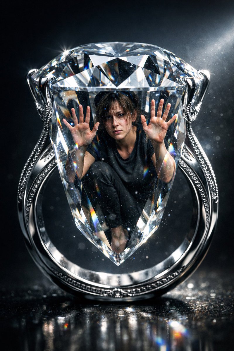 被困在巨型钻石戒指中的焦虑年轻女性超现实主义肖像