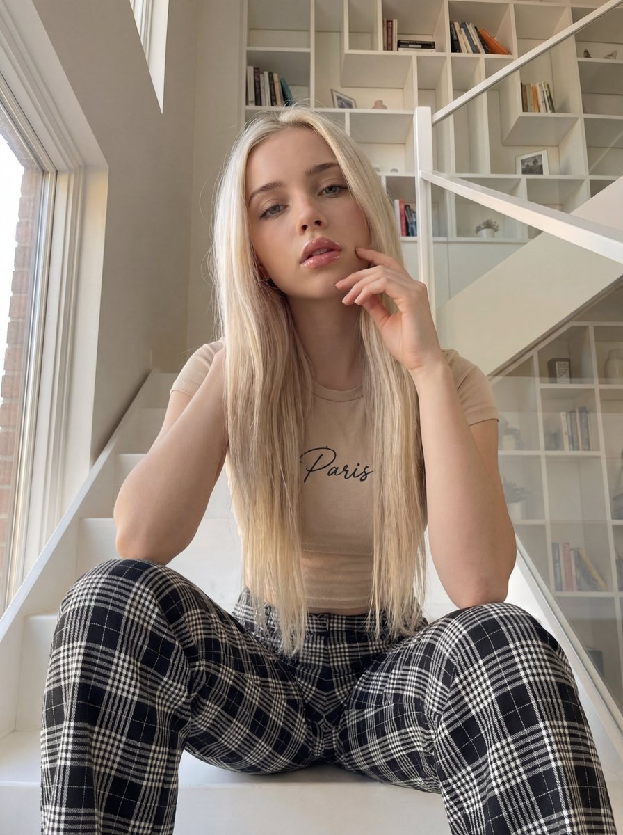 室内白色楼梯上的年轻女性