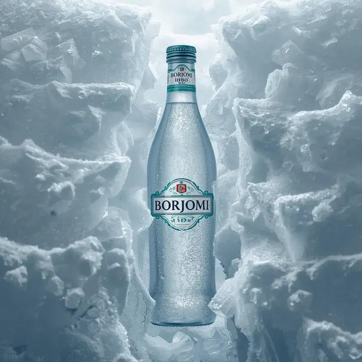 冰雕中的 Borjomi 1890 矿泉水瓶