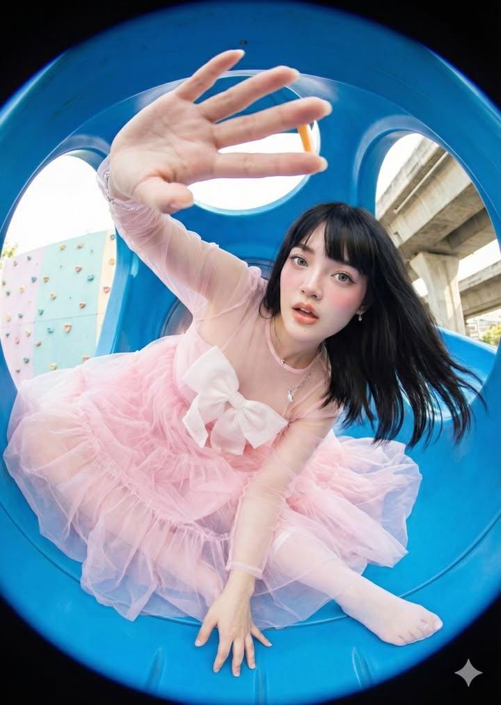 梦幻蓝滑梯中的美丽女子