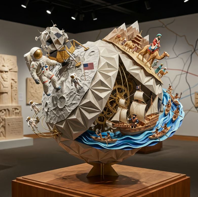 人类历史演变可视化：交通、战争等主题的纸艺雕塑