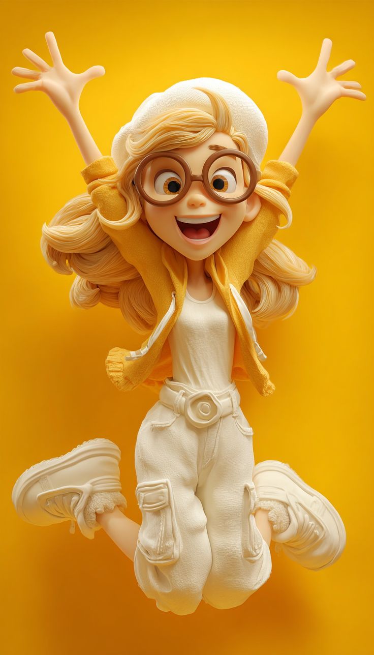 快乐跳跃的3D皮克斯风格卡通女孩