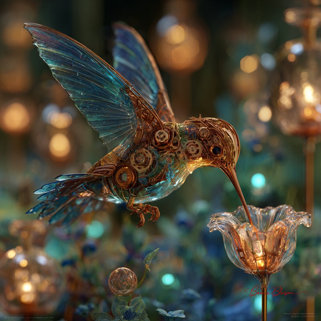 奇幻温室中的机械蜂鸟