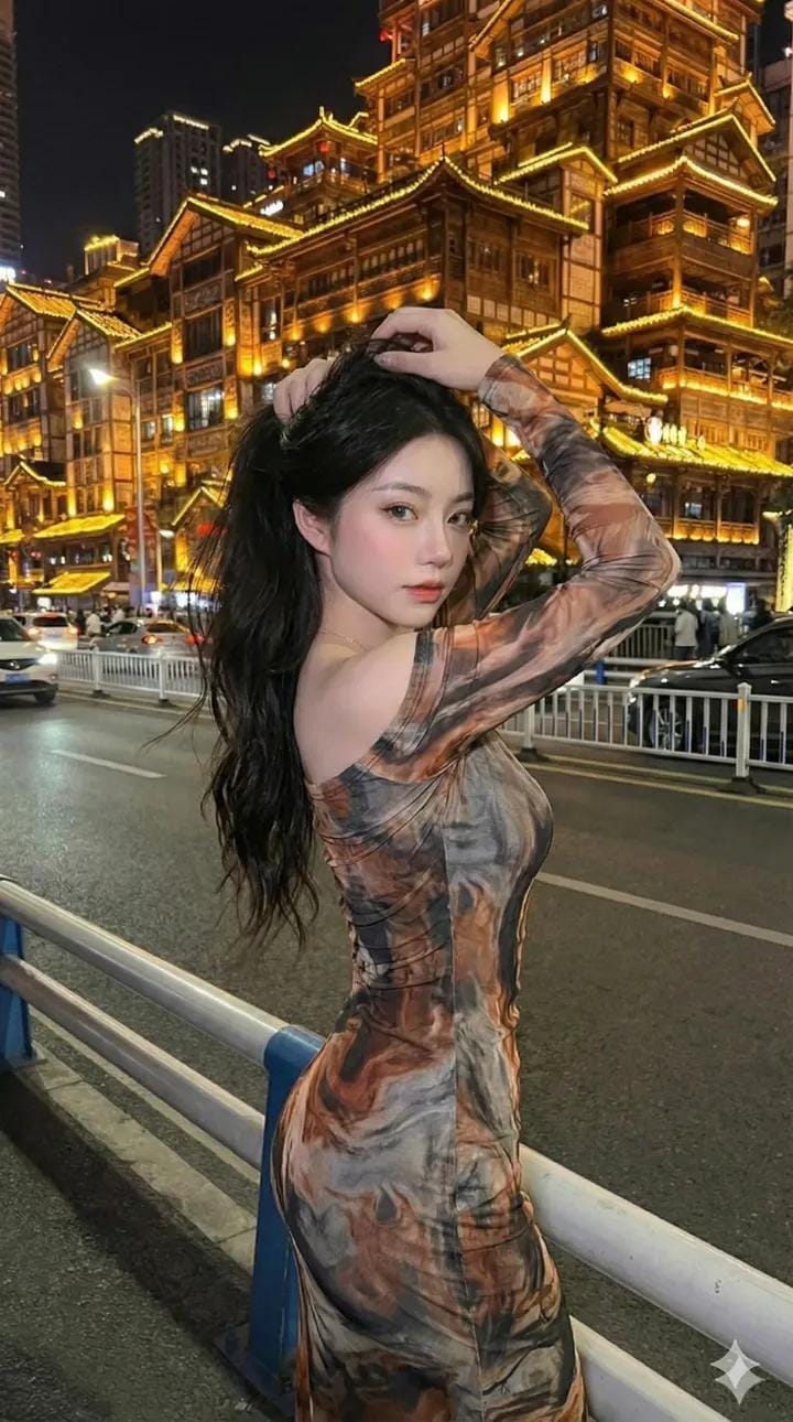 重庆洪崖洞夜景下的亚洲女性肖像