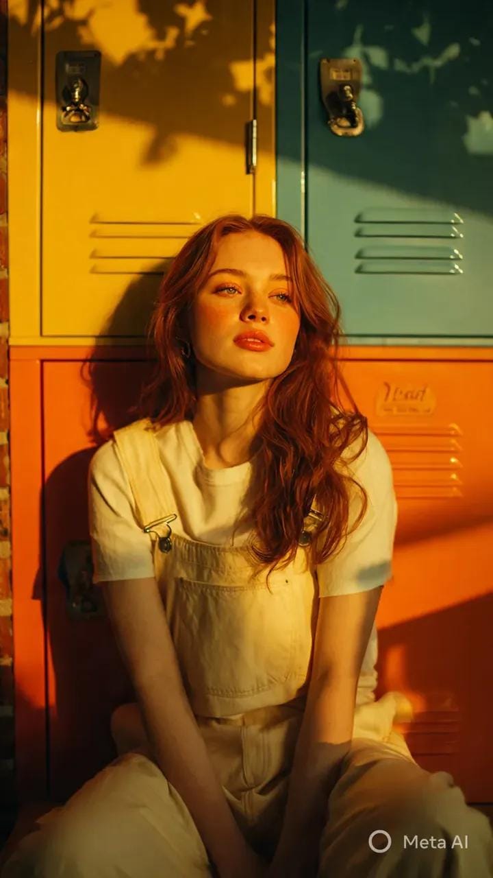 静谧午后阳光下的少女与色彩缤纷的储物柜