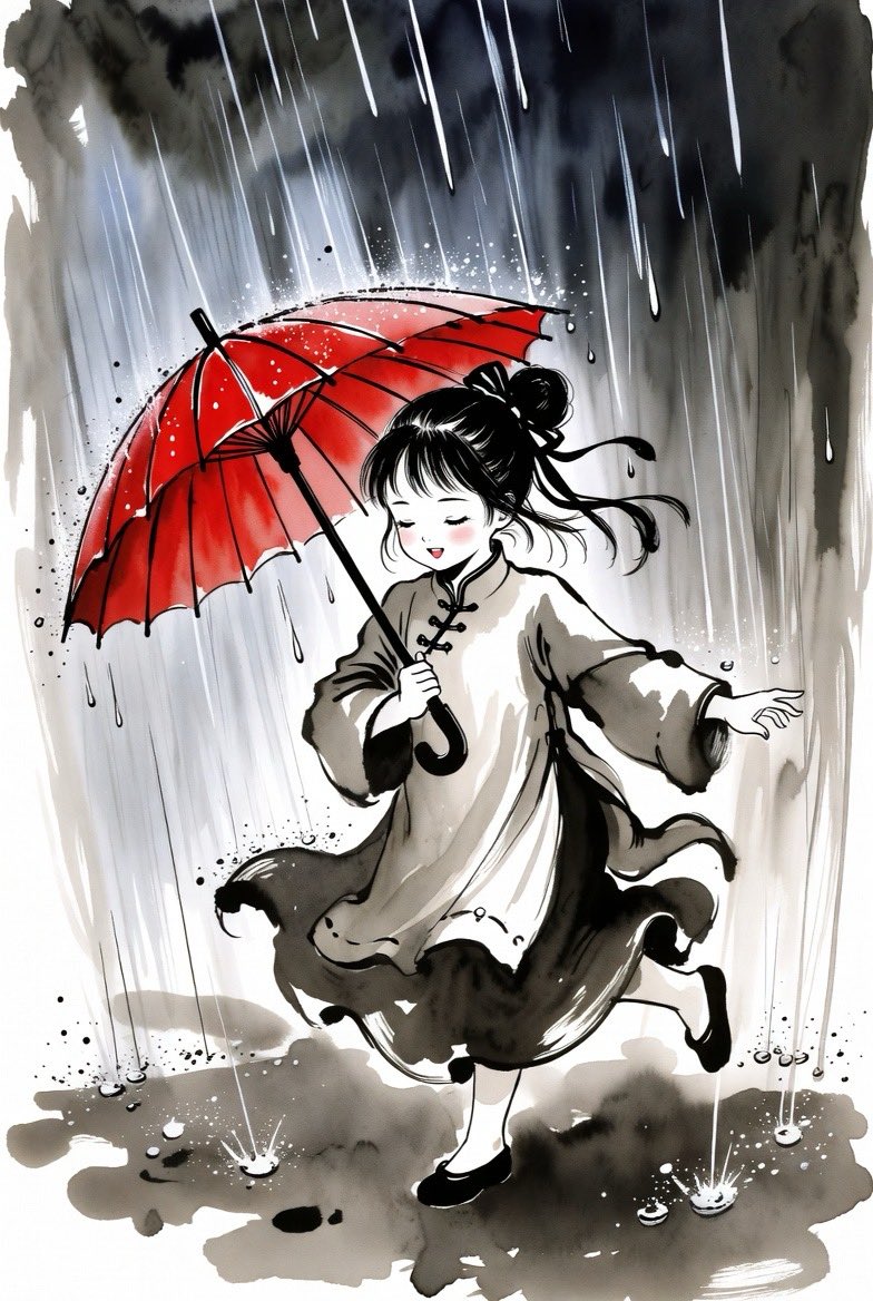 可爱的小女孩在倾盆大雨中欢乐旋转