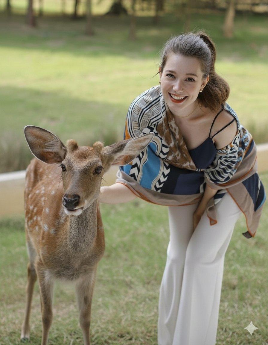 Stunning Young Woman and Spotted Fallow Deer in Park
