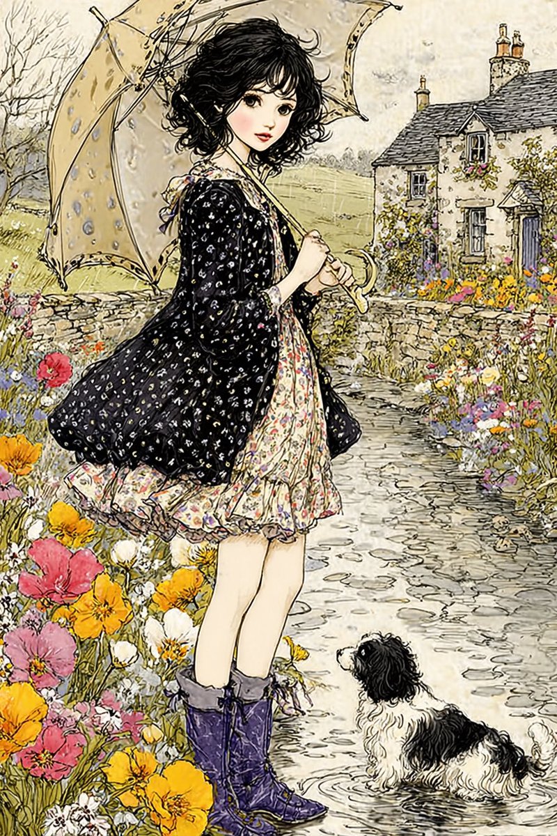 美丽的年轻女孩与黑狗