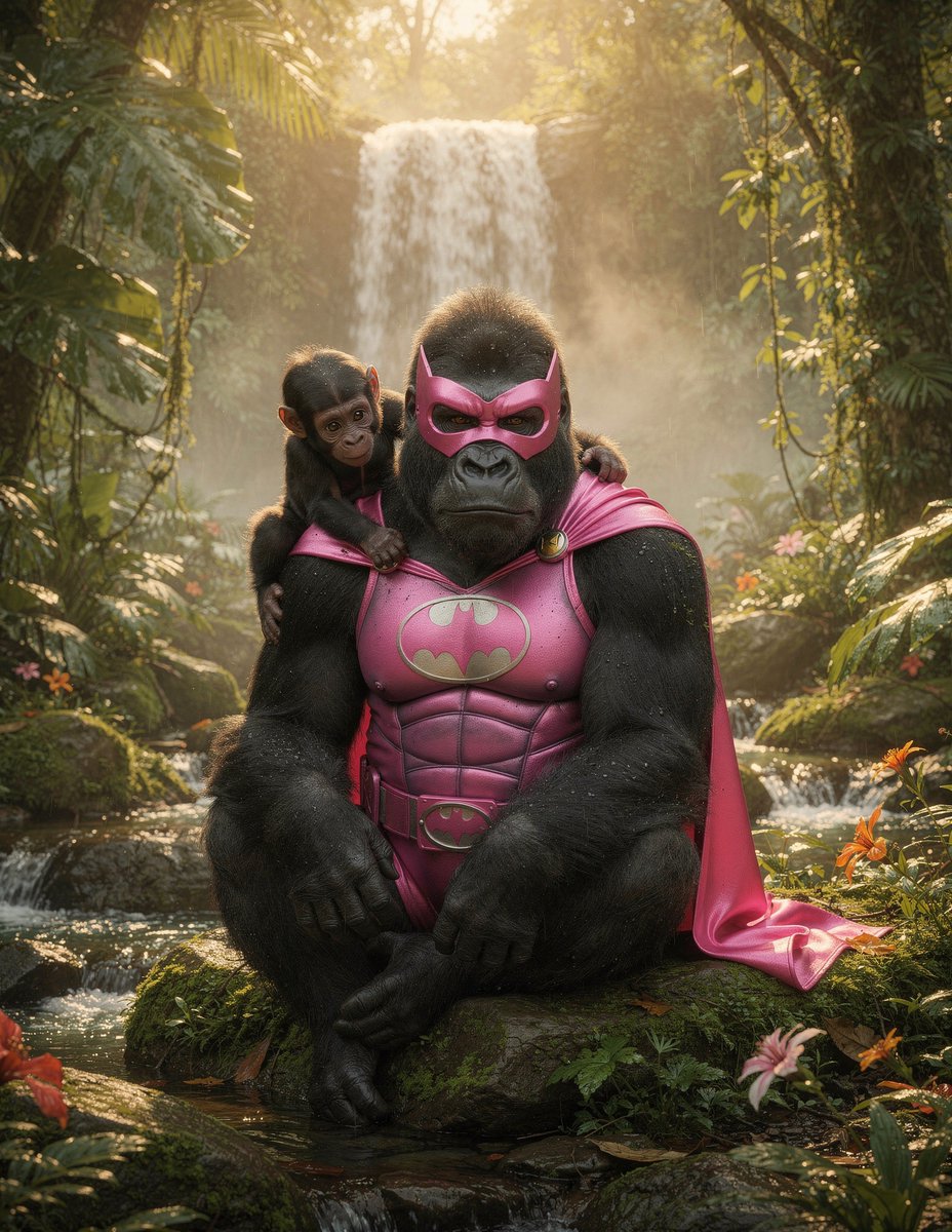 热带雨林中穿着蝙蝠侠服装的母 gorilla 和她的宝宝