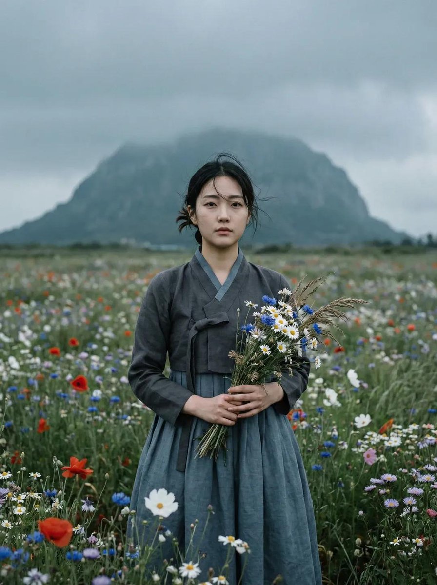 东亚女性野花草原写实人像