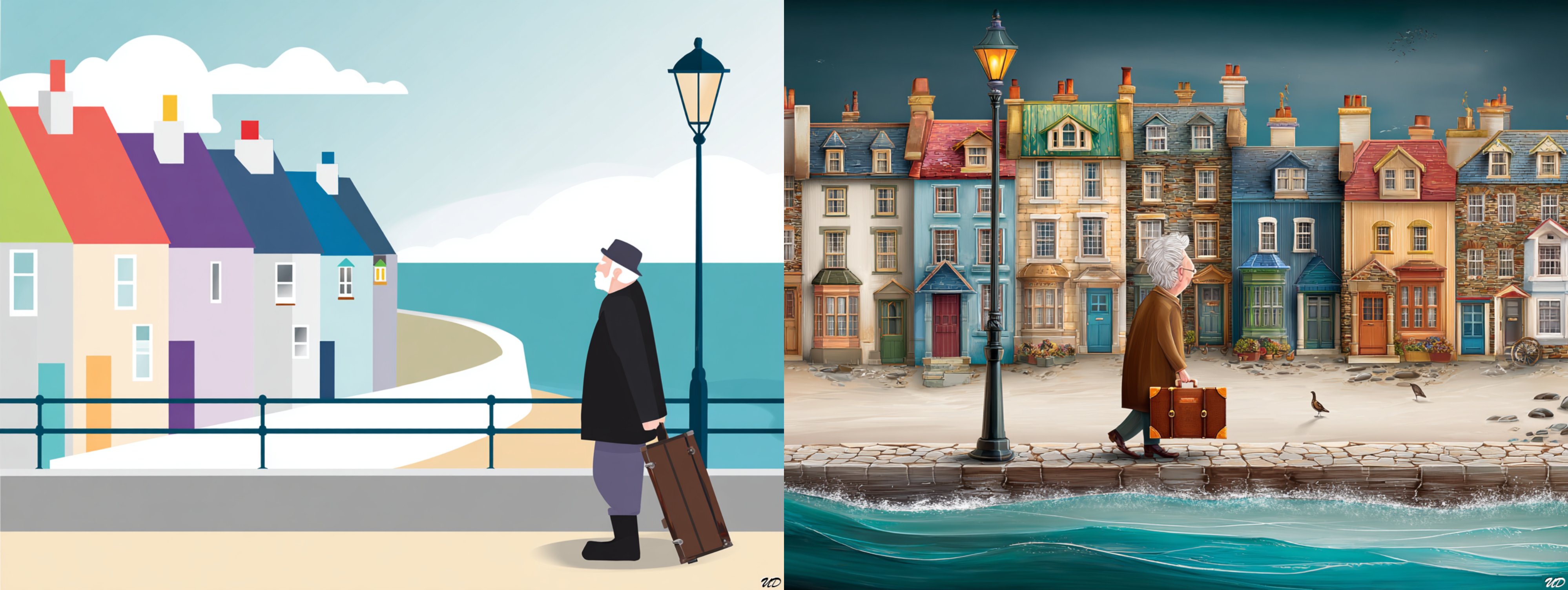 英国海利湾圣斯蒂夫斯老者沿木板路行走拼贴