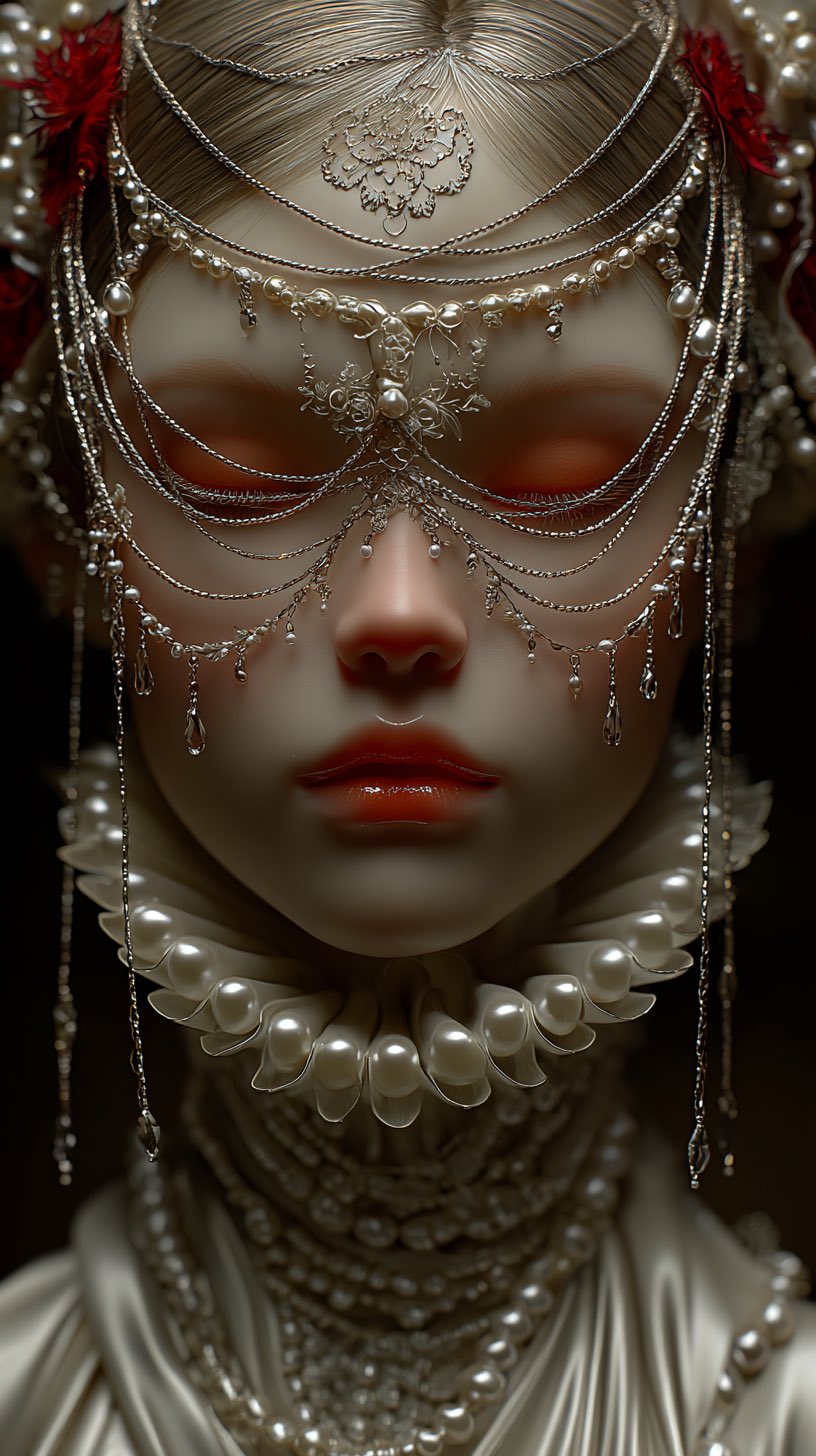 细腻的闭眼肖像，苍白如瓷的肌肤，精致的珍珠链面纱，银丝细工，细腻的花卉装饰，红羽毛点缀，生动的樱桃唇，高耸的珍珠领，颈部垂下的珍珠串，神秘的巴洛克氛围，超现实数字艺术，杰作，复杂细节，柔和戏剧性光影，雷&middot;凯撒风格与现代AI超现实主义的融合