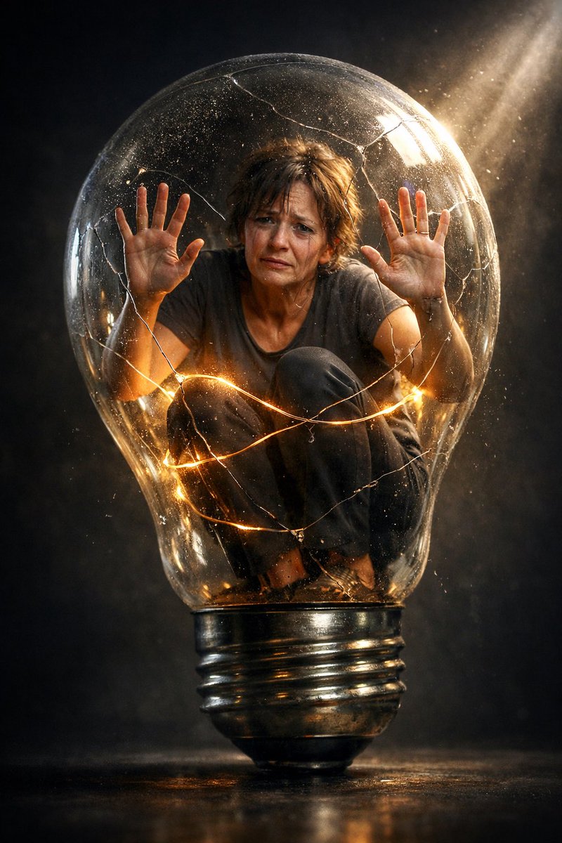 破碎玻璃灯泡中的焦虑中年女性肖像