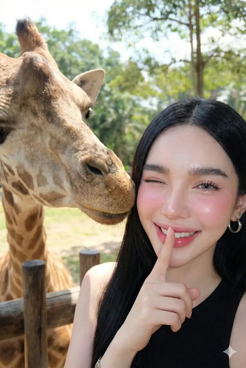 清新东方面孔少女与动物园长颈鹿