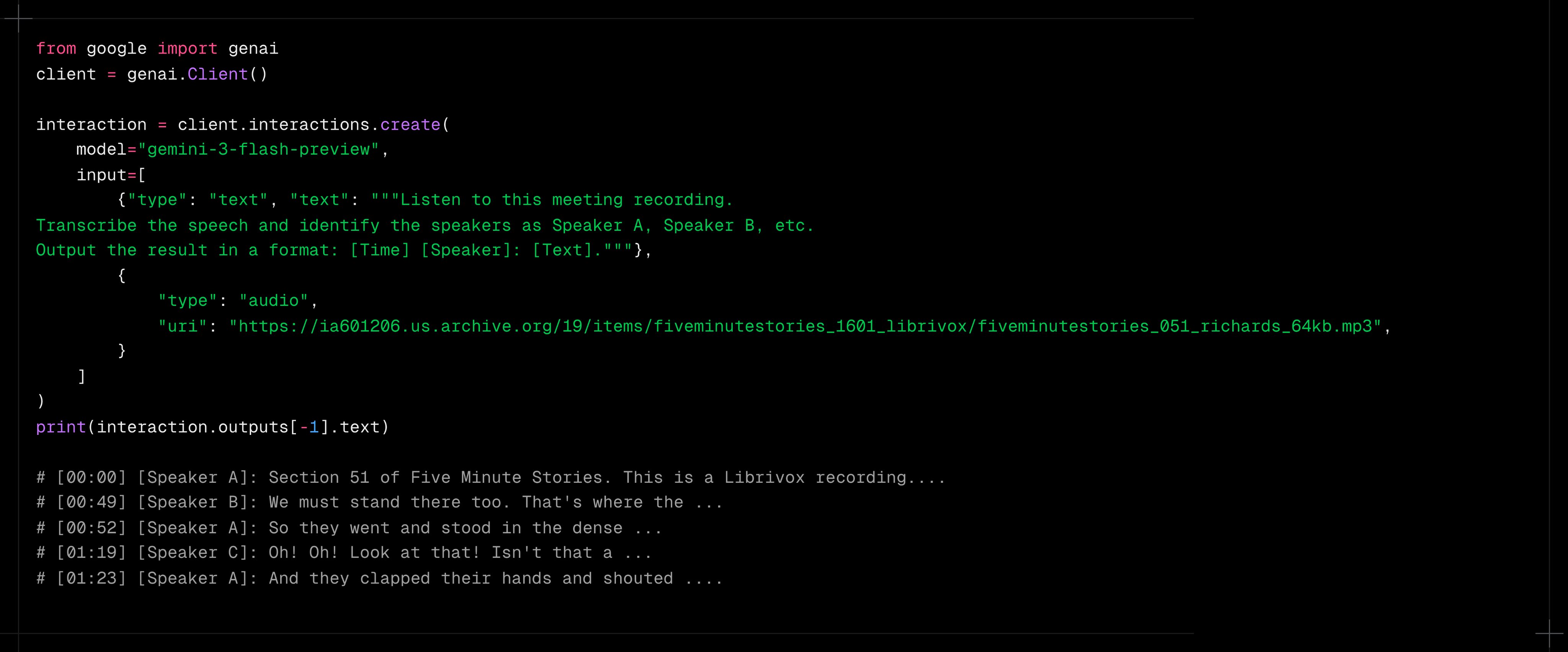 使用 Gemini Interactions API 从 URL 转录音频