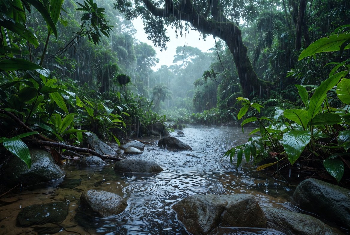 AI生成热带雨林中雨滴落下场景