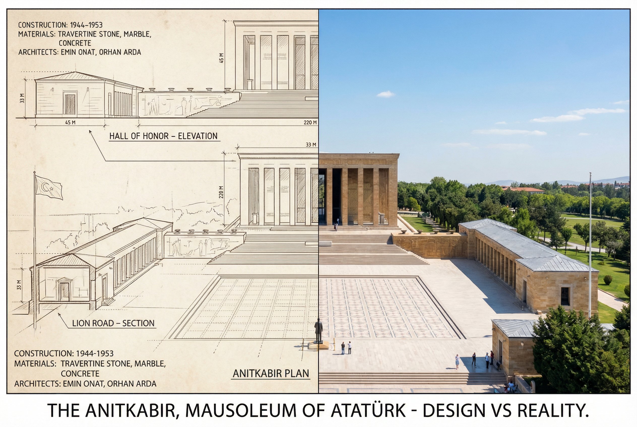 Anıtkabir与Mustafa Kemal Atat&uuml;rk陵墓的技术建筑草图与实景照片对比